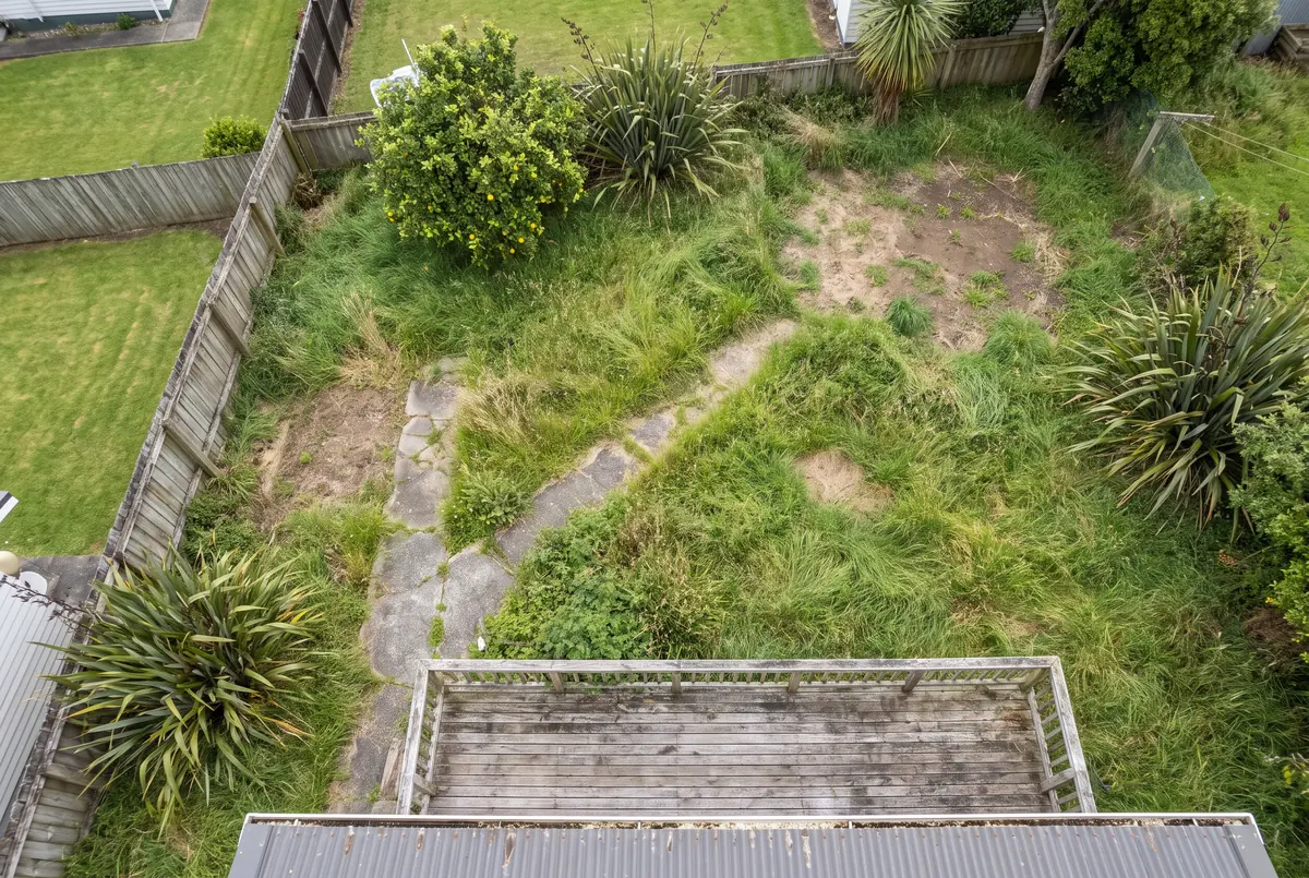 Looking down on an overgrown Auckland backyard before work starts: long grass, a cracked old path, flax and an old deck