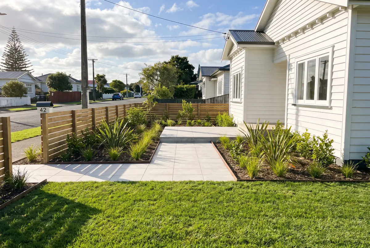 A finished front yard: a pale paver path, native planting, new lawn and a slatted timber fence