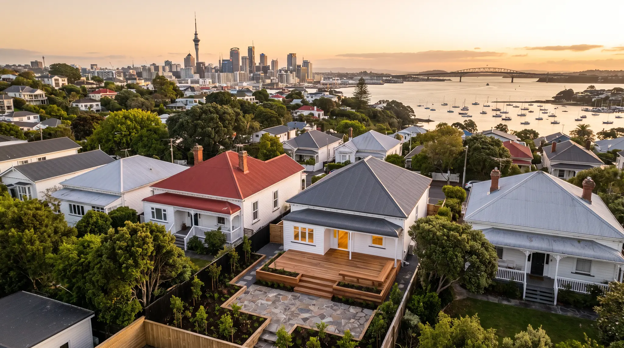 Aerial view over an Auckland villa suburb with a new deck and paving, the Sky Tower, Waitematā Harbour and Harbour Bridge beyond