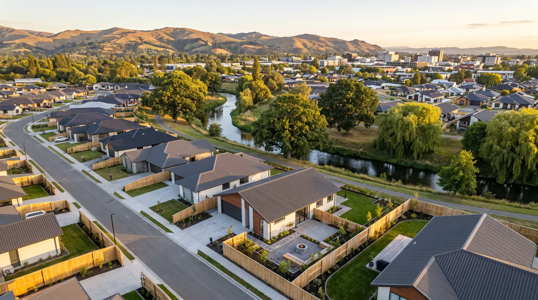 A Christchurch suburb of new homes with fresh fences and paving beside the Avon River, the Port Hills behind