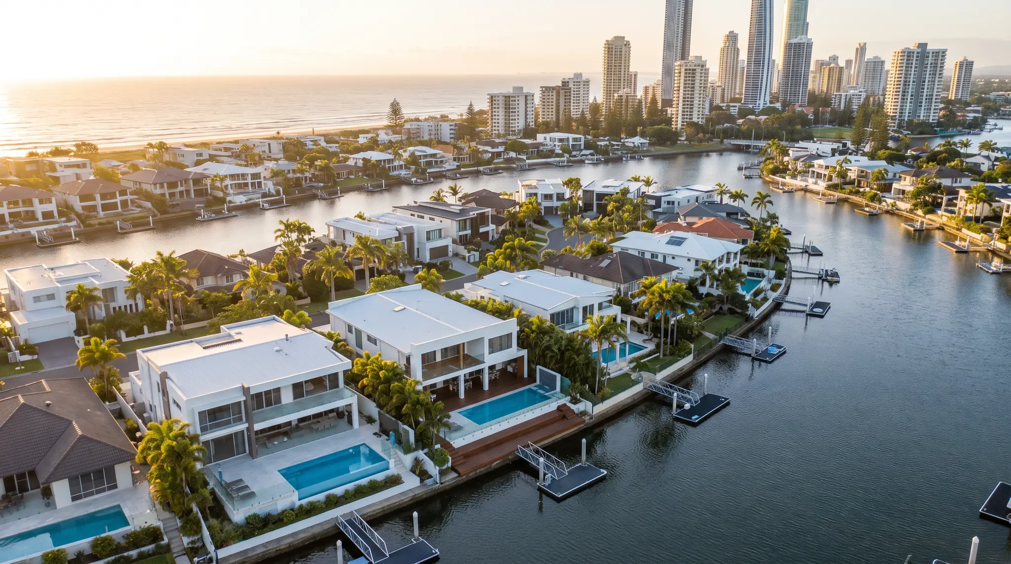 Gold Coast canal homes with pools and new decks, Surfers Paradise towers and the beach beyond