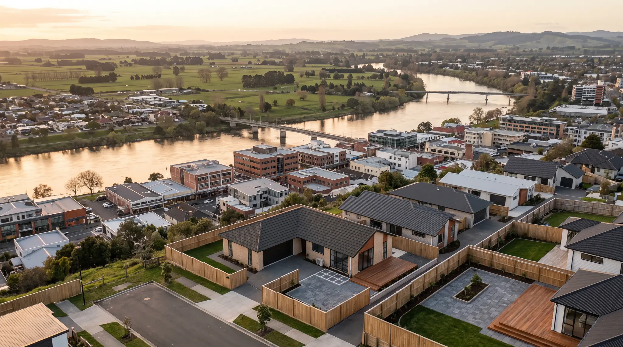 Hamilton suburbs with new fences, paving and decks beside the Waikato River and its bridges