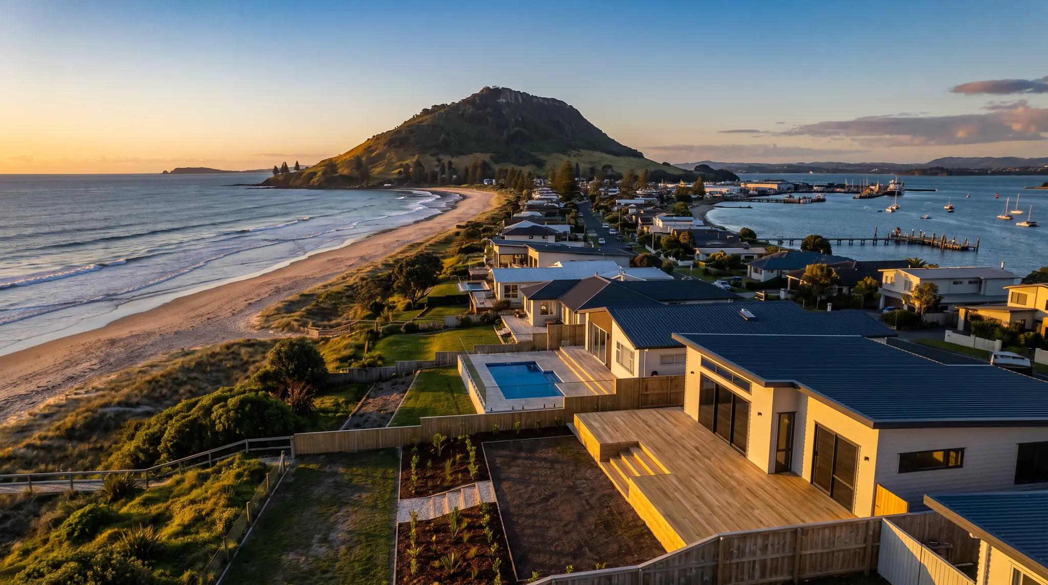 Beachside homes with a new deck and pool at Mount Maunganui, with Mauao at the end of the beach
